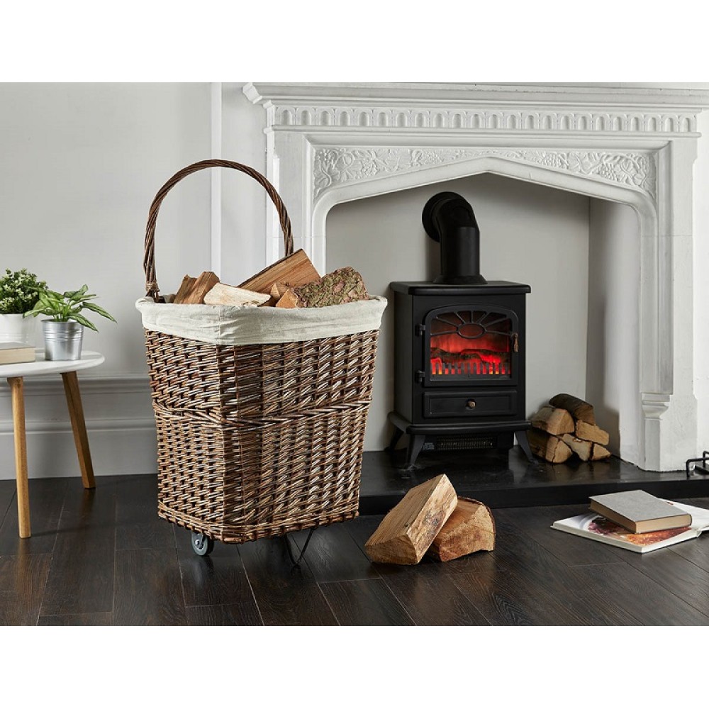 DE VILLE LARGE NATURAL WICKER FIRELOG CART WITH WHEELS