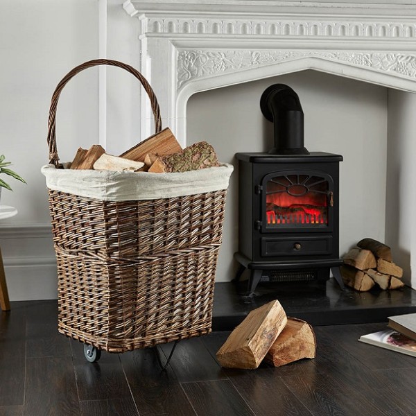 DE VILLE LARGE NATURAL WICKER FIRELOG CART WITH WHEELS