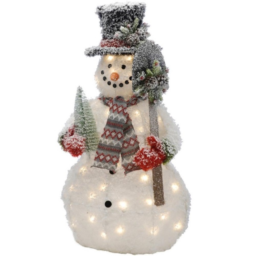 LED Lit Tinsel Snowman with Shovel - 90cm