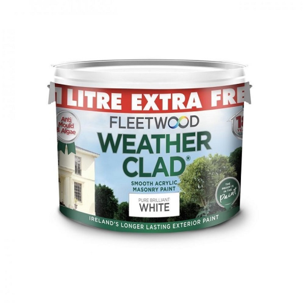 FLEETWOOD WEATHER CLAD BRILLIANT WHITE MASONRY PAINT 9L + 1L FREE