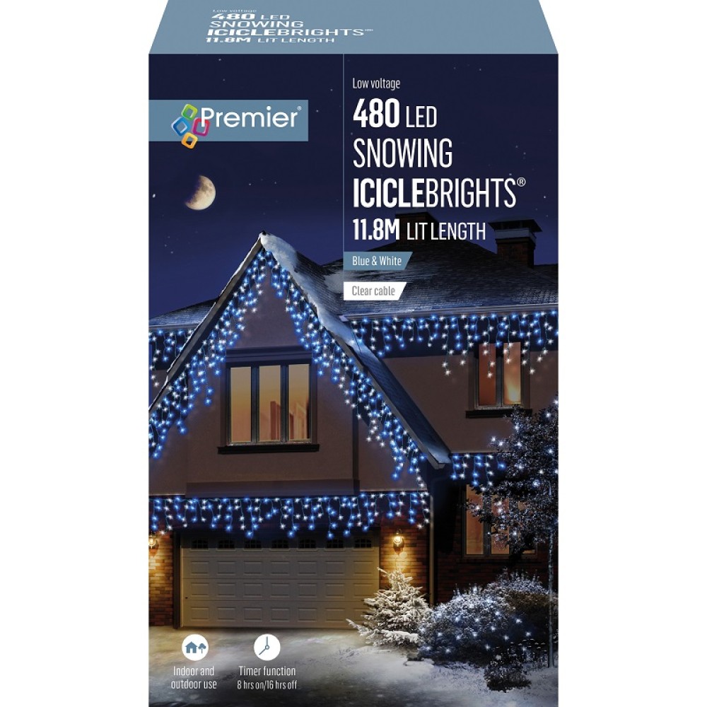 ICICLE LIGHTS- 480 LED SNOWING ICICLEBRIGHTS WITH TIMER - BLUE WHITE