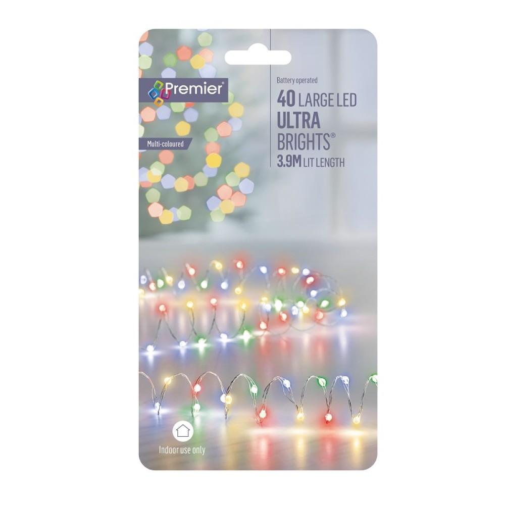 40 LED Battery Operated ULTRABRIGHTS With Timer - Multi-Coloured