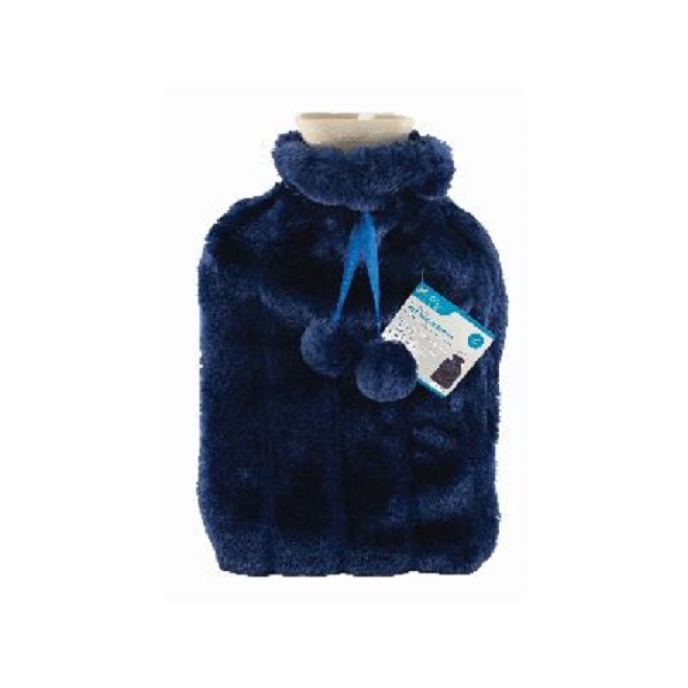 2L HOT WATER BOTTLE PLUSH FAUX FUR COVER- NAV