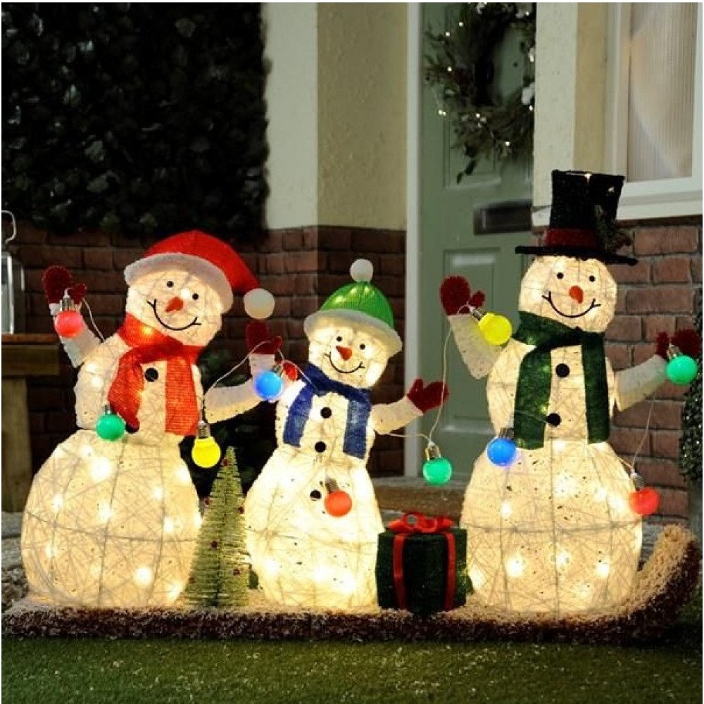 LED LIT SNOWMAN FAMILY ON SLEIGH - 130CM