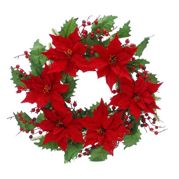 Picture of WREATH GREEN WITH RED POINSETTIA 61CM