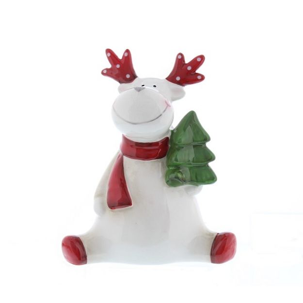 Picture of WHITE SITTING REINDEER WITH TREE 12CM